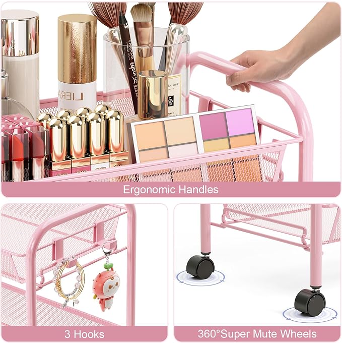 TOOLF 4 Tier Rolling Cart, Metal Utility Storage Cart with Wheels, Pink | 3 Hooks, Screwless Assembly, Trolley Organizer for Bathroom, Kitchen, Office, Nursery, Dorm, Laundry Room