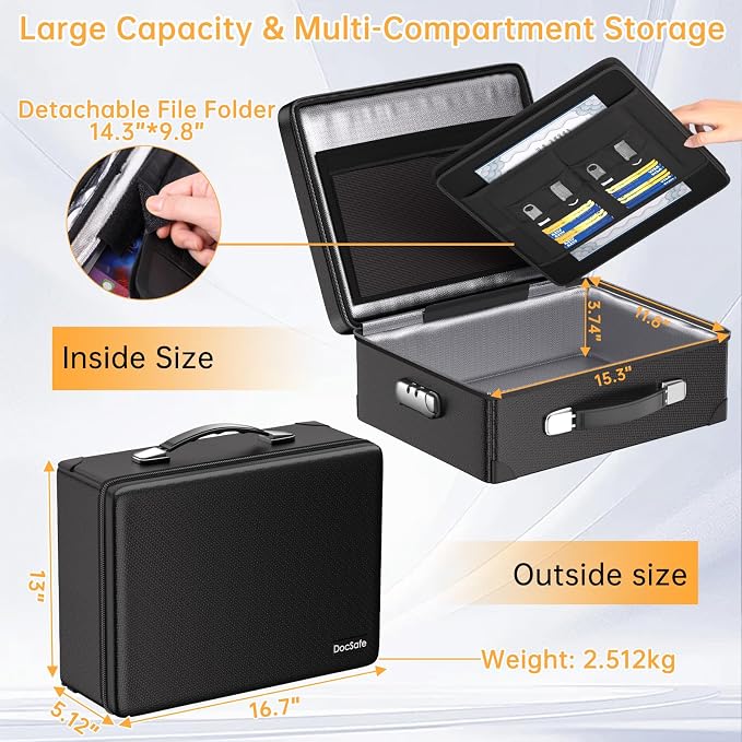 DocSafe 6400°F Fireproof Document Box with Lock, 10 Layers Heat Insulated | Fire&Water Resistant,Hard Case Safe Box with Zipper＆Multi Pockets, Protects Personal Items,Documents,Laptop,Passport,Black