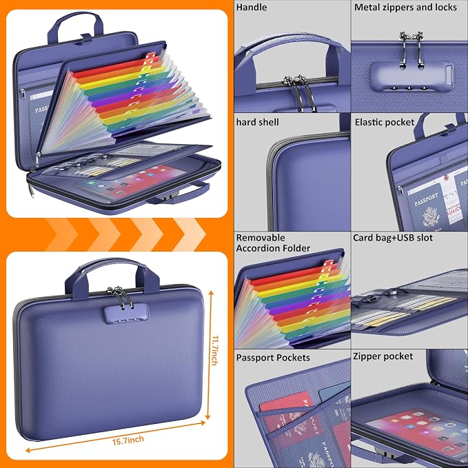 Tamfile Fireproof File Organizer with Lock,Hard Case Fireproof Document Box | 13 Colour Pockets Accordion File Folder, Office Home Important Document Organizer for Letter A4 Files Laptop Passports,Blue