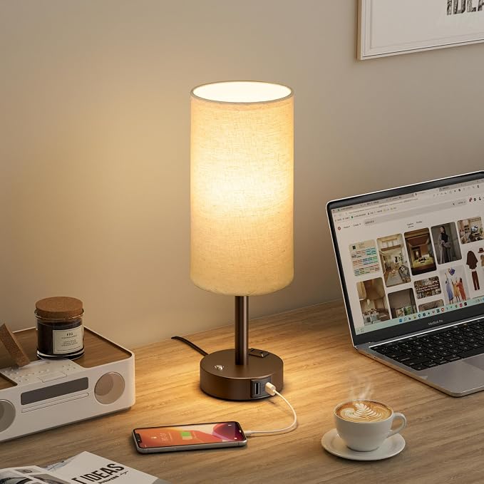 Brown Touch Bedside Lamp for Bedroom, Stepless Dimmable, USB A+C, AC Outlet | Base Touch Button Only, Memory Brightness, Ultra-dim Night Light, Included Bulb for Optimal Dimming, Beige Fabric Shade, Desk
