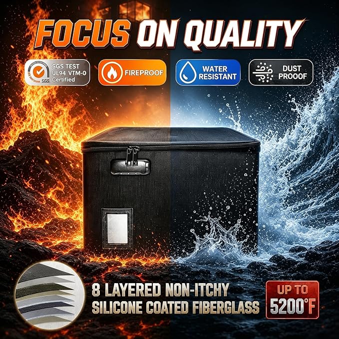 File Box with Lock 5200°F with Heat Insulated, Large Fireproof Box File Storage Organizer Anti-Static,Collapsible Fireproof Document Filing Box with Handle,Portable Home Office Safe