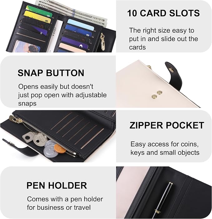 Wallet Women RFID Blocking Multi Cards Wallet Credit Card Holder for Women Large Capacity Lady Leather Trifold Travel Wallet with Passport/Pen Holder