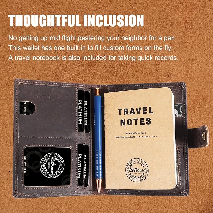 Vitus Full Grain Leather Passport Wallet, Travel Document Organizer with RFID Blocking, Dual Passport Slots, Dual Cash Pockets, Multiple Card Holders, a 60-Page Travel Notebook & Pen Included