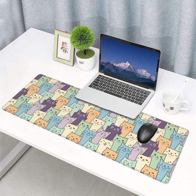 Cat Gaming Mouse Pad Large Extended Desk Mat Non-Slip Rubber Base Keyboard Pad with Stitched Edges for Office Gaming 31.5x11.8 in