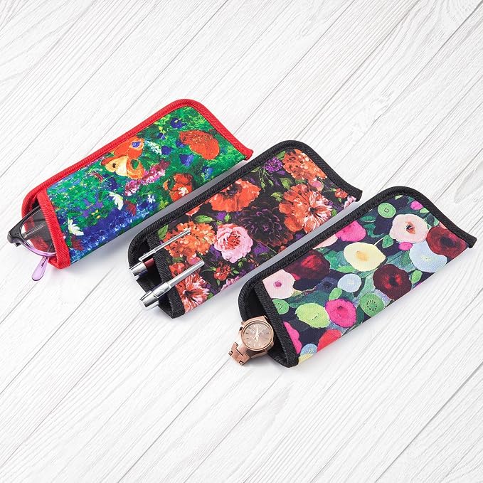 TRIUMPH VISION Reading Glasses Pouch Eyeglass Sleeve Soft Case Slim 3 Pack | Alternative to Bulky Case Lightweight，Neoprene Lined Padded Protect Optical lens Slip in, Cute Pattern Portable for Daily Use