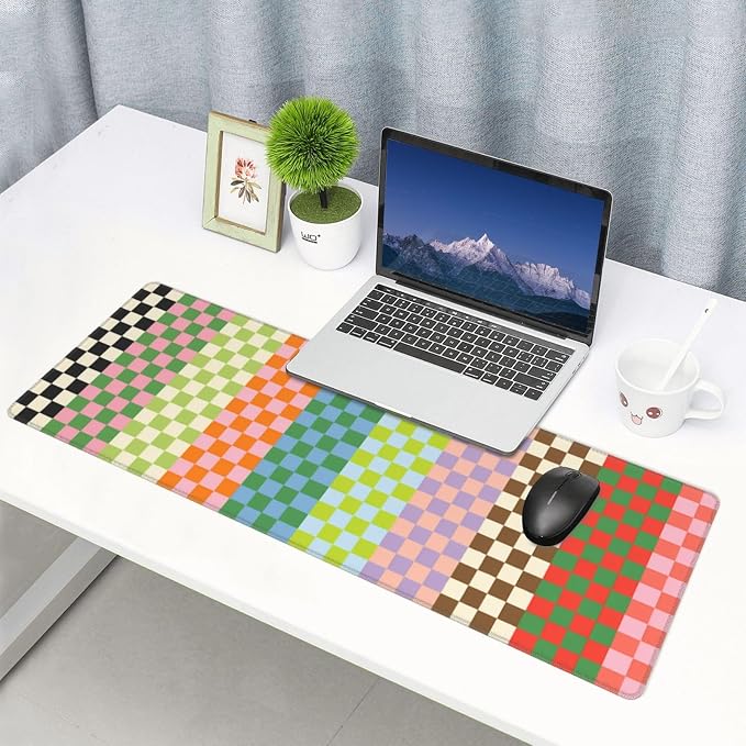 Colorful Checkerboard Gaming Mouse Pad Extended Desk Mat 31.5x11.8in | Gaming Mousepad, Non-Slip Rubber Base, Large Keyboard Pad with Stitched Edges, Desktop Protector, for Office Home