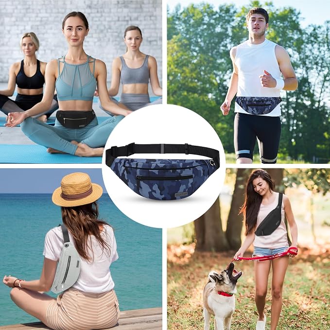 MAXTOP Large Fanny Pack Cross Body Bag Camo Belt Bag with Headphone Jack | Lightweight,4-Zipper Pockets, Adjustable Straps,Idea for Sports Workout Traveling Running Casual