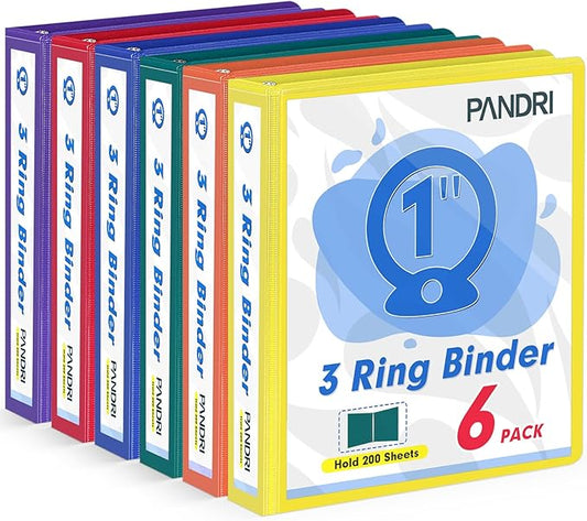 3 Ring Binder 1 Inch, PANDRI 6 Pack 1-Inch Binder Fits Letter Size 8.5'' x 11'' Paper, Versatile Binders for Office Home School, 2 Pockets, Assorted 6 Color