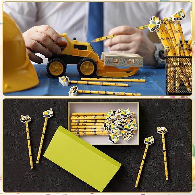 32 Pcs Construction Pencil with Eraser Excavator Truck Construction Party Favors Stationery Supplies for School Classroom Exchange Gift Reward Prizes Theme Birthday Party Supplies