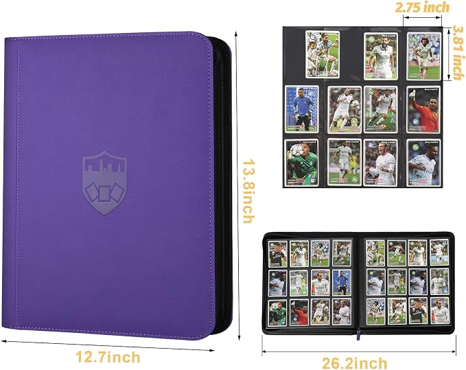 12 Pocket Ringless Side Loading Trading Card Binder, 720 Cards PU Fixed Page Zipper Card Album for TCG Sports Game Cards, Not Fit Top Loaders(Purple)