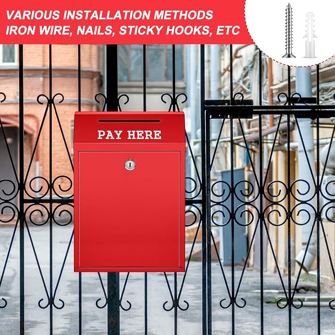 Yaocom Safe Metal Cash Box for Farm Stand – Money Drop and Secure Donation Collection, Wall Mount Lockable Unit with Pre Drilled Holes for Outdoor Self Serve(Red,11.8 x 8.6 x 4.7 Inch)