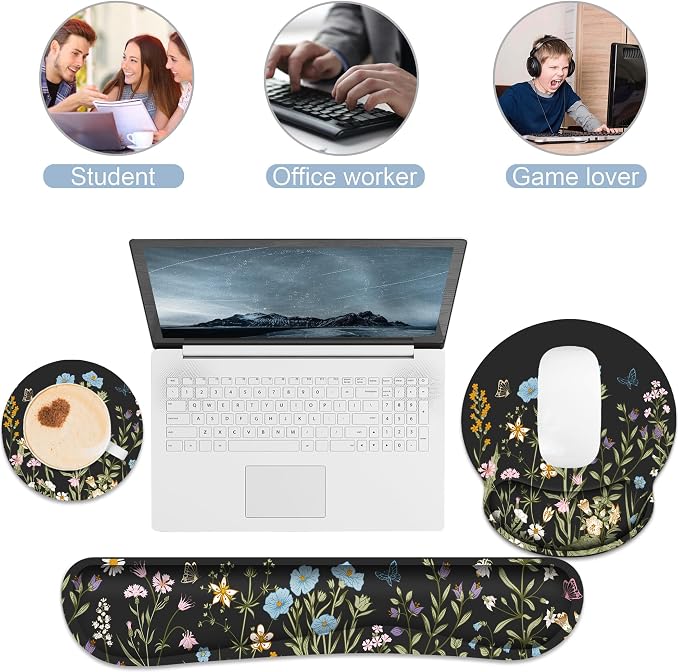 Ergonomic Mouse Pad with Wrist Rest and Keyboard Wrist Rest, Mousepad | Memory Foam Wrist Rest for Computer Keyboard, Pain Relief, Non-Slip Base, Black Mouse Pad Wrist Support for Gaming, Floral