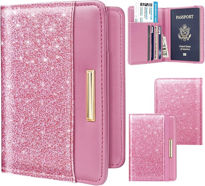 Coco Rossi Passport Holder for Travel Women Slim RFID Passport Cover Wallet | Travel Essentials, Passport Book Holders, Passport Cover Case, PU Leather, Cute, Thin, Spliced Design, Glitter Dark Pink