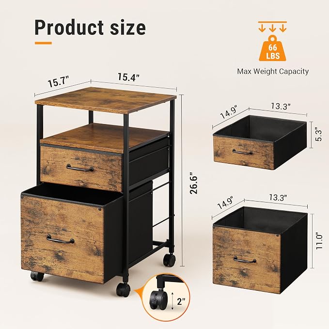 DEVAISE 2 Drawer Mobile File Cabinet with Open Storage Shelf | Rolling Printer Stand, Fabric Vertical Filing Cabinet fits A4 or Letter Size for Home Office, Rustic Brown Wood Grain Print