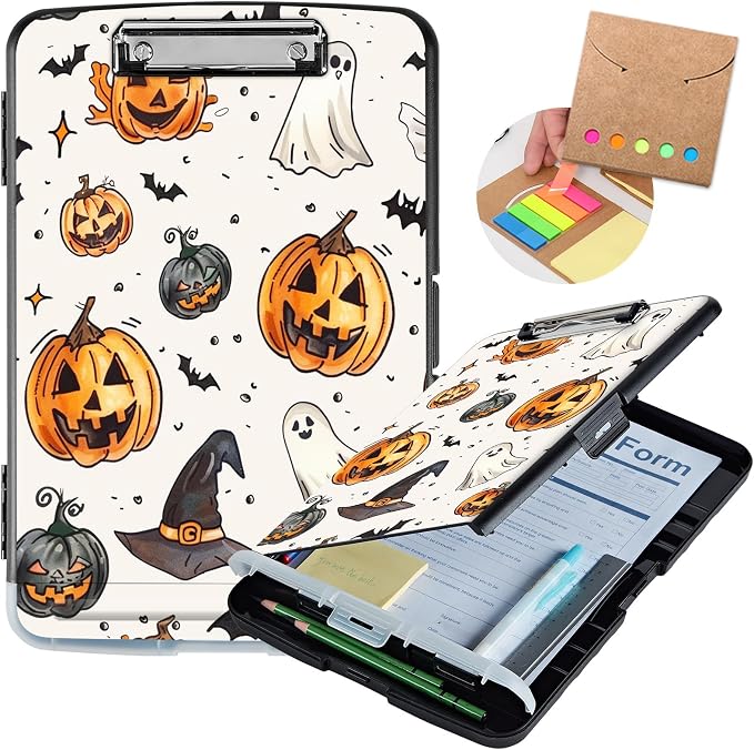 Clipboard with Storage,Storage Clipboard with Pen Holder,Heavy Duty Plastic Storage Clipboard with Low Profile Clip,Teacher Must Haves,Clipboard Folder,Office Supplies,Pumpkin -1361
