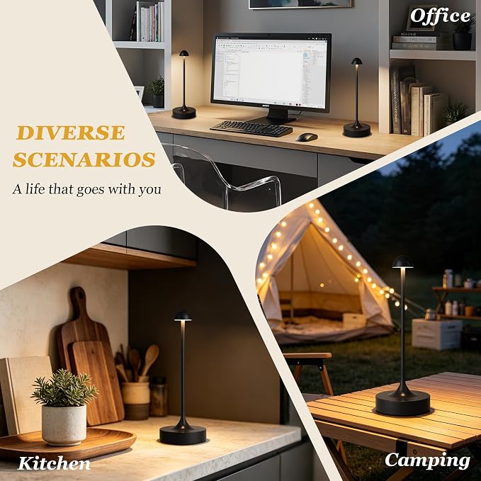 Cordless Rechargeable Table Lamp, Battery Operated Desk Lamp, Black, 2 Pack | Wireless Night Light, 3 Color Modes, Stepless Dimming, Portable LED Lighting for Dining Room, Restaurant, Bedside, Kitchen