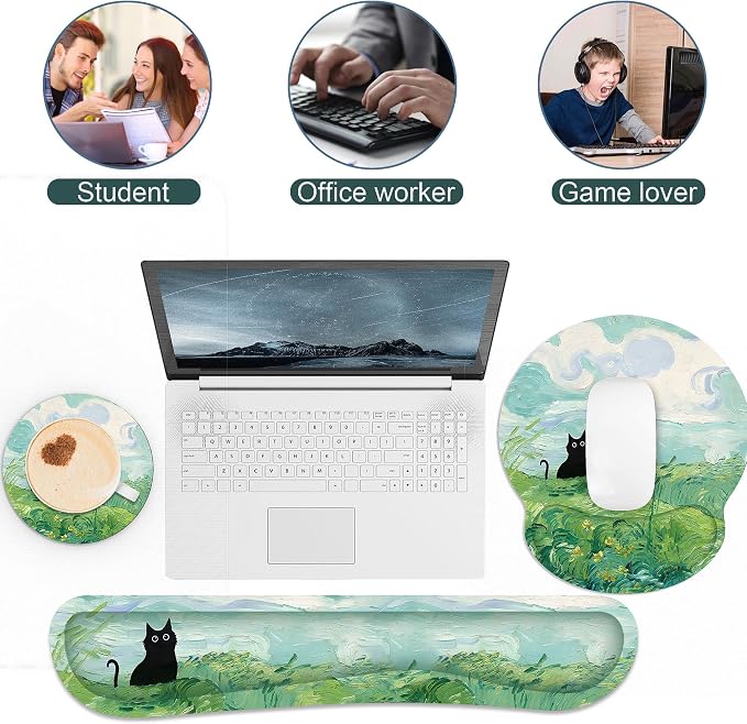 Ergonomic Mouse Pad with Wrist Rest and Keyboard Wrist Rest, Mousepad | Memory Foam Wrist Rest for Computer Keyboard, Pain Relief, Non-Slip Base, Mouse Pad with Wrist Support for Gaming, Pating Cat