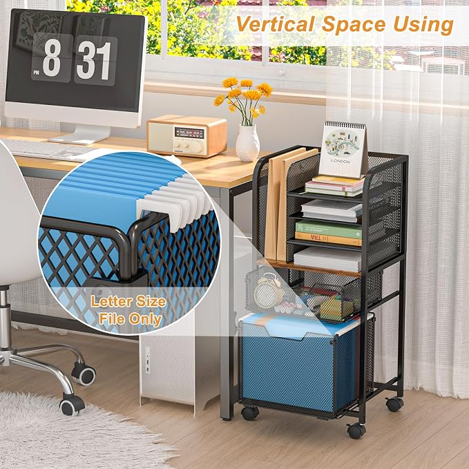 Feyejade 6-Tier Rolling File Cart Multi Mobile Drawer Cabinet Black | File cabinet organizer with wheels, letter size filing storage cart, home office hanging folder storage for teacher
