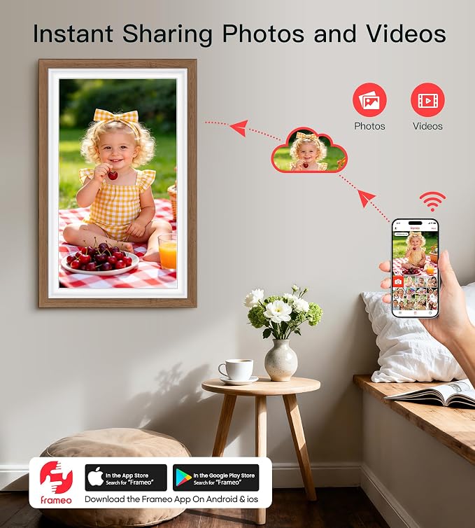 64GB Frameo 15.6" Digital Picture Frame Large 1920 x 1080 IPS FHD Touch Screen WiFi Electronic Photo Frames Share Moments Instantly Anywhere Best Gifts for Parents and Grandparents Solid Walnut