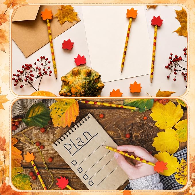 32 Pcs Maple Leaves Pencil with Eraser Autumn Party Favors Gifts Stationery Supplies for Classrooms Exchange Reward Prizes Home Office School Supplies(Red and Yellow)
