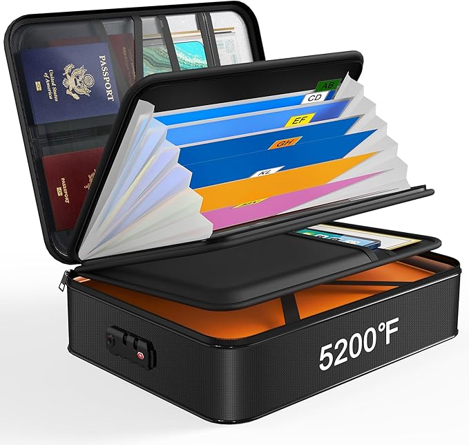 5200℉ Fireproof Document Box with Lock 16.1"x11.4"x4.3" | Portable ,Home ,Travel Water Resistant Document Storage Organizer with for Important Documents and File ,Black