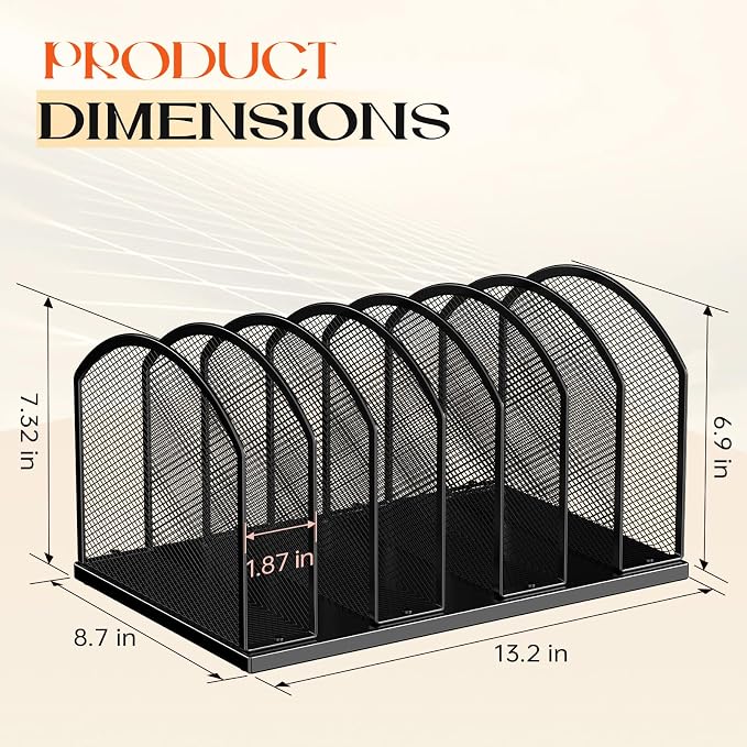 Gawerk 7-Section Metal Upright File Sorter Organizer, Office Small Letter Sorter Desktop File Organizer Metal Mesh Iron Sole, Black