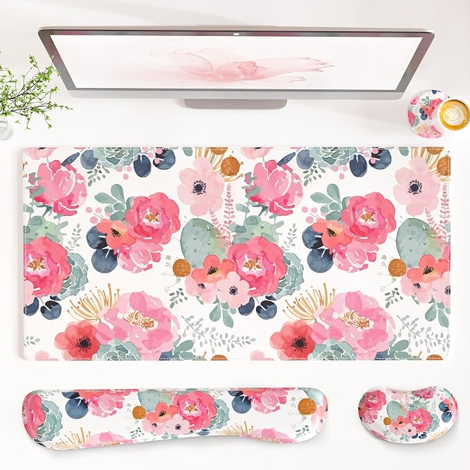 QIYI PU Leather Desk Mat Set, 4-in-1 Ergonomic Wrist Rest, Pink Flowers | Waterproof Large Mouse Pad 31.5×15.7 + Keyboard Wrist Rest + Mouse Wrist Support+Coaster, Non-Slip Office Gaming Accessories