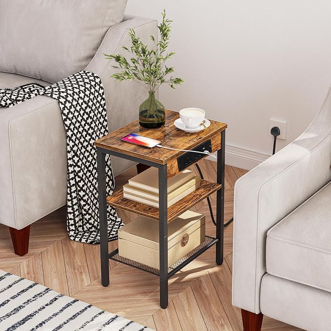 HOOBRO Side Tables Set of 2 with Charging Station and USB Port, Small End Tables for Small Space, 3-Tier Nightstands with Adjustable Shelf, for Living Room, Bedroom, Rustic Brown BF112BZP201