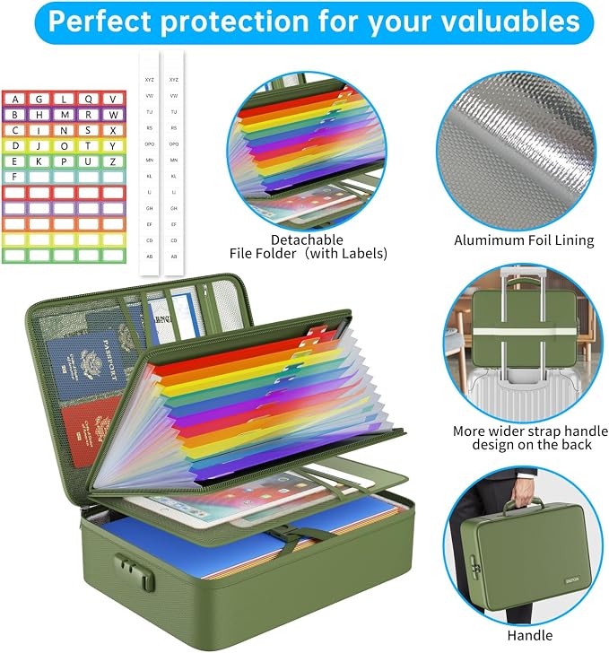 ENGPOW Fireproof File Organizer Bag with 13 Pockets Accordion File Folder | 5200℉ Document Organizer Box with Lock & Labels, Multi-Layer, Portable Home Safe Storage for Important Documents, Green