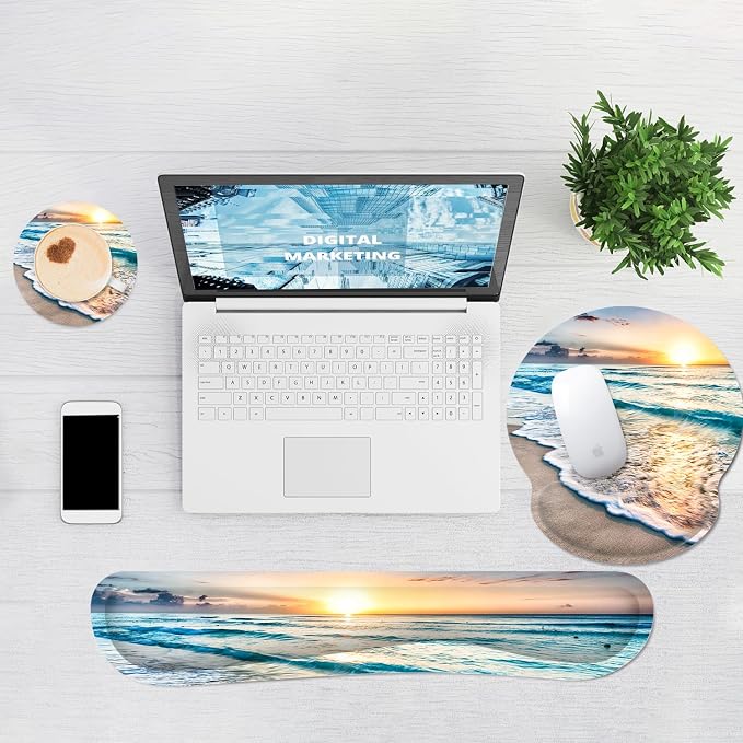 Ergonomic Mouse Pad with Wrist Rest and Keyboard Wrist Rest, Mousepad | Memory Foam Wrist Rest for Computer Keyboard, Pain Relief, Non-Slip Rubber Base, Mouse Pad Wrist Support for Gaming, Beach