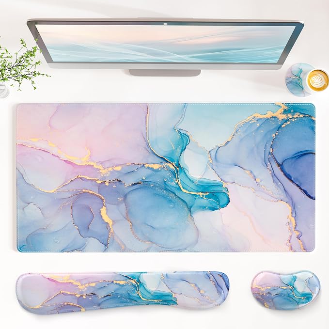 QIYI PU Leather Desk Mat Set, 4-in-1 Ergonomic Wrist Rest, Blue Pink Fluid | Waterproof Large Mouse Pad 31.5×15.7 + Keyboard Wrist Rest + Mouse Wrist Support+Coaster, Non-Slip Office Gaming Accessories