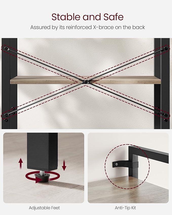 VASAGLE 4-Tier Bookshelf, Bookcase with Steel Frame, Book Shelf for Living Room, Home Office, Study, 11.8 x 26 x 47 Inches, Industrial Style, Heather Greige and Ink Black ULLS060B02