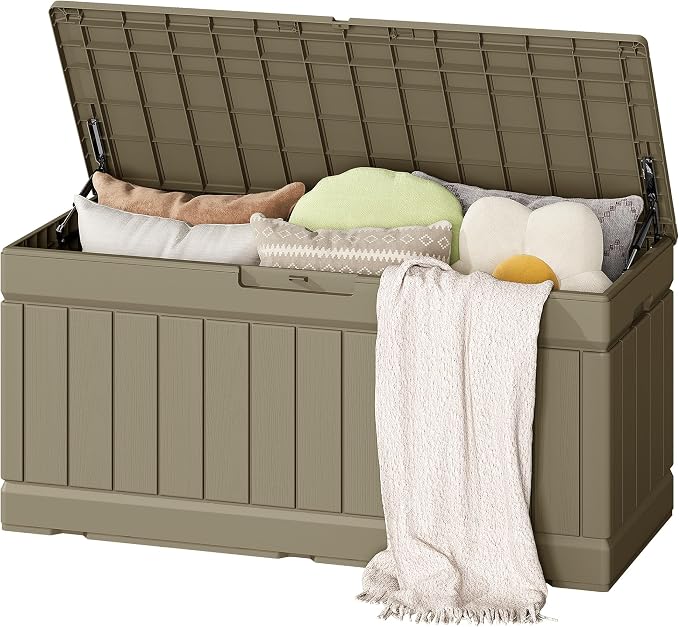 Flamaker Outdoor Storage Box 80 Gallon Resin Waterproof Deck Box Delivery Box with Wood Texture Large Storage Bin for Patio Cushions (Light Brown)