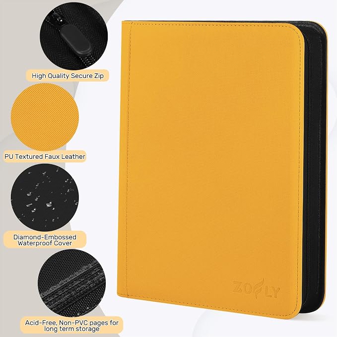 1000+ Pockets Trading Card Binder, 16 Pocket Zipper Binder Card Album, 32 Pack Double-sided Side Loading Non-Ring Card Binder, Card Holder Folders for MTG, TCG, Game Cards & Sports Cards, Yellow