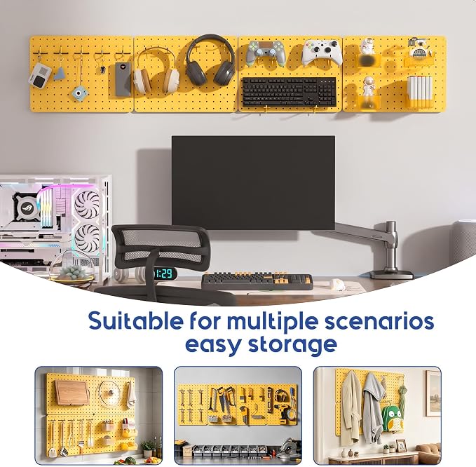 Steel Pegboard Tool Wall Organizer, 4 Pack 14.76 x 10.82 in, 6 Bins, Yellow | 6 clear storage bins organize screws and small parts; 36 hooks and 30 peg locks keep garage tools sorted and easy to reach.