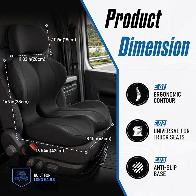 Truck Seat Cushion and Headrest Set for Long Driving - Memory Foam Car Seat Driver Cushion for Tailbone, Back & Sciatica Pain Relief, Ergonomic Lumbar Support for Semi Truck - Black