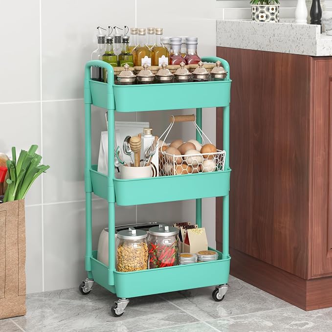 Sywhitta 3-Tier Plastic Rolling Utility Cart with Handle, Multi-Functional Storage Trolley for Office, Living Room, Kitchen, Movable Storage Organizer with Wheels, Green | Multi-Functional Storage Trolley, for Office, Living Room, Kitchen, Bathroom,Mov...