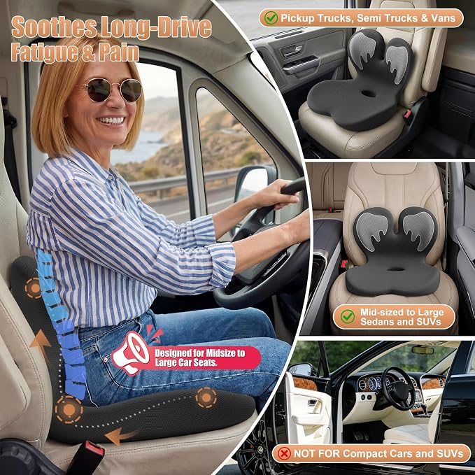 Thick Car Seat Cushion with Lumbar Support for Long Driving, Ergonomic Memory Foam Office Chair Cushion for Sciatica, Tailbone & Lower Back Relief, Ideal Gift for Drivers & Office Workers (White)