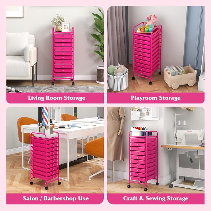 COSTWAY 10-Drawer Rolling Storage Cart, Utility Mobile Trolley | Removable Drawers & Universal Casters & 2 Brakes, Versatile Flexible Drawer Organizer Cart for Home, Office (Hot Pink)