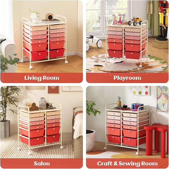 12 Drawer Rolling Storage Cart, Craft Cart Organizer on Wheels w/Metal Frame, Large Capacity & Smooth Drawer, Rolling Cart w/Drawers for Classroom, Office