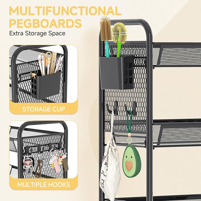 KINGRACK 5 Tier Rolling Cart, Metal Utility Storage Cart with Pegboard | Screwless Assembly, Lockable Wheels, 4 Hooks & 1 Bin, Mobile Organizer for Bathroom Kitchen Office Craft Room Laundry, Black