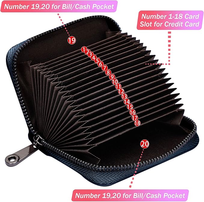 Linno RFID 20 Slots Credit Card Holder Genuine Leather Small Wallet for Women or Men with Zipper