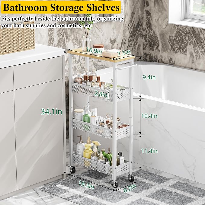 OKZEST Slim Laundry Room Organization Cart with Upgraded Metal Hub Casters | Fits between washer & dryer, 4-Tier space-saving narrow rolling cart, Premium wood top & metal mesh shelf, with handle & hook
