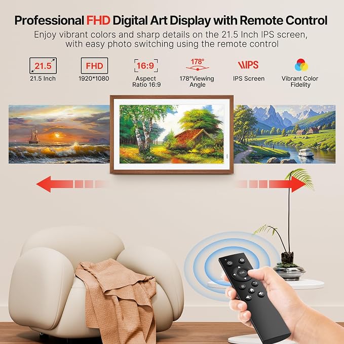 Uhale 21.5" Large Digital Picture Frame WiFi Wood with Remote Control, 1920 x 1080 FHD IPS No Touch Screen Electronic Photo Frames Wall Mount with 64GB, Support SD USB, Share Photos Videos Instantly