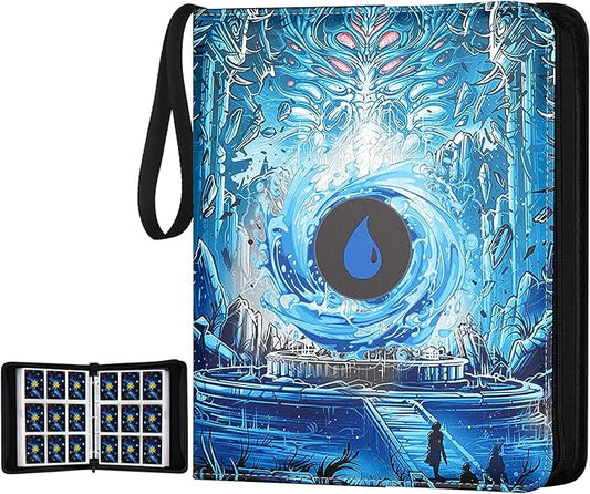 720 Pockets Round Ring Trading Card Binder, 9-Pocket Clear Zipper Card Album with Wrist Strap, Holds 720 Standard TCG Cards Compatible with Sports Baseball Football Game Cards (Blue Print)