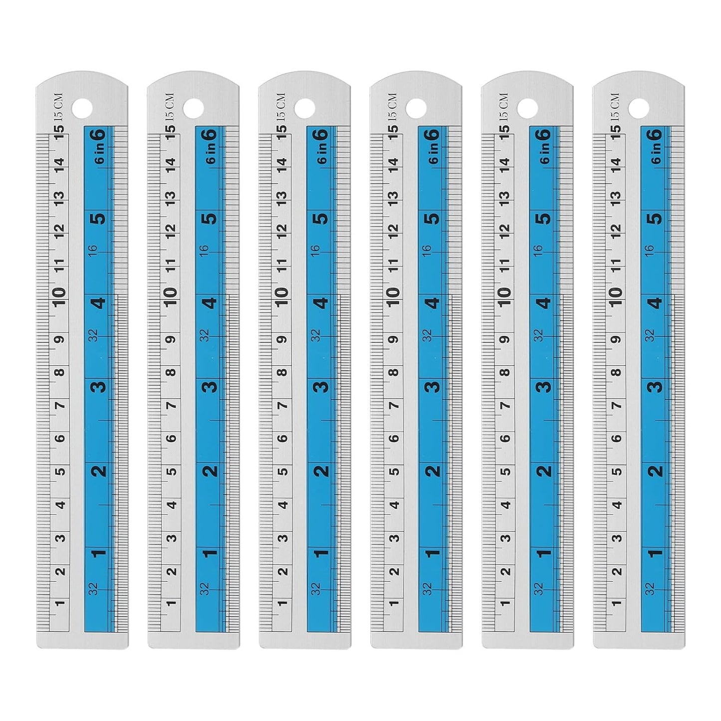 HARFINGTON 6pcs Metal Straight Ruler 15cm Metric SAE Aluminum Alloy Measuring Rulers Scale Tools with Hole for Measure Study Reading Classroom Office, Blue