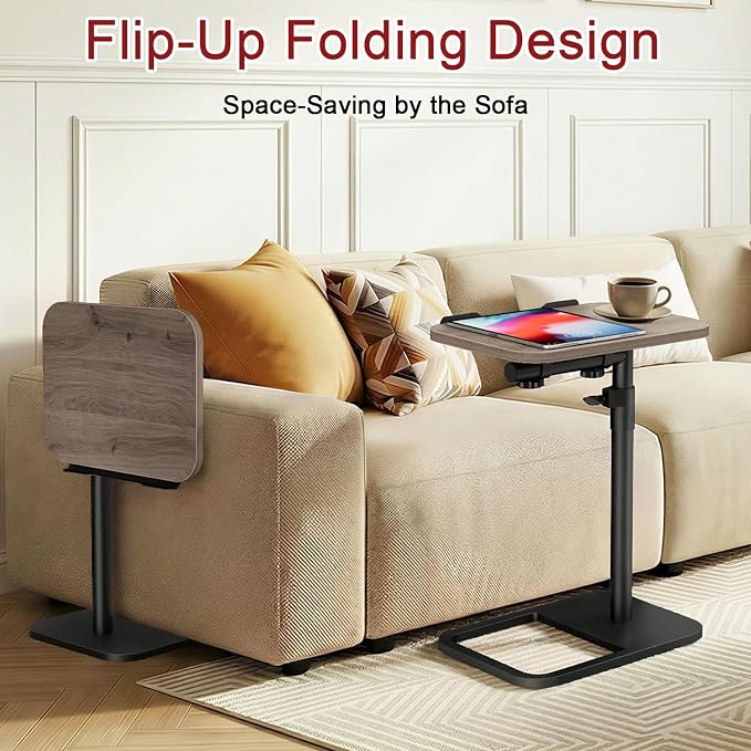 Height Adjustable Tv Trays Table for Sofa, Modern Angle Adjustable 360° Swivel and 180° Tilt Flip-Over Panel C Shaped Side Tables with Tablet Slots for Phone Computer (Grey)