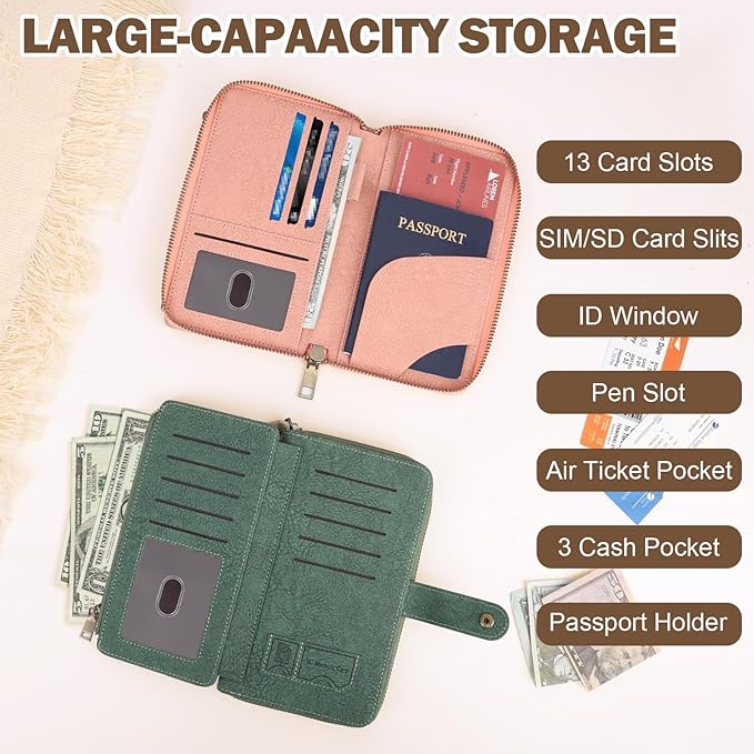 RFID Blocking Passport Wallet, Anti Theft PU Texture Passport Pouch with Tracker Case, Travel Document Organizer Zipper Wallet with Wrist Strap & Keychain, Gifts for Women and Men (Pink)
