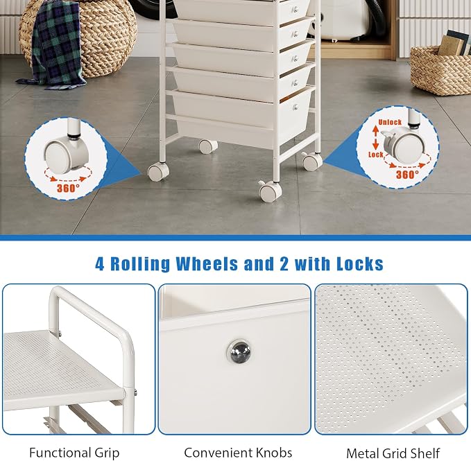Rolling Storage Cart with Drawers 5-Tier Lock Wheels Office White | Utility Cart with 5 Drawers & 2 Lockable Caster, Multipurpose Mobile Drawer Cart for School Bathroom Kitchen