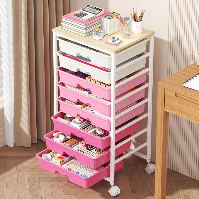 Goovilla Rolling Cart with 8 Drawers for Art, Dorm, Office, Craft, Pink | Utility Cart Organizer With 8 Removable Drawers and Wooden Tabletop, Lockable Rolling Storage Organizer for Classroom, Home